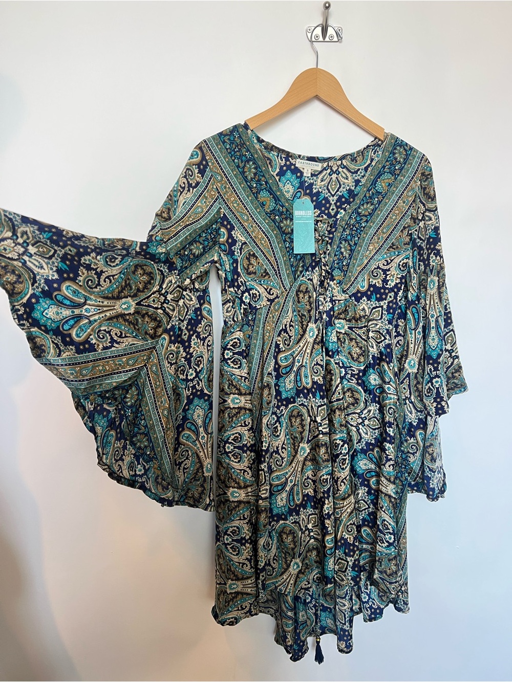 NWT Earthbound Paisley Bell Sleeve Mini Dress Blue Boho Empire Waist Festival S